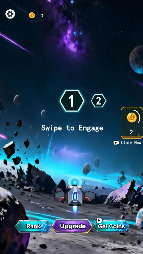 The menu: the fighter idling on the moon, "Swipe to Engage", the level hexagons 1 and 2, the coin card with "Claim Now", and the Rank / Upgrade / Get Coins row.