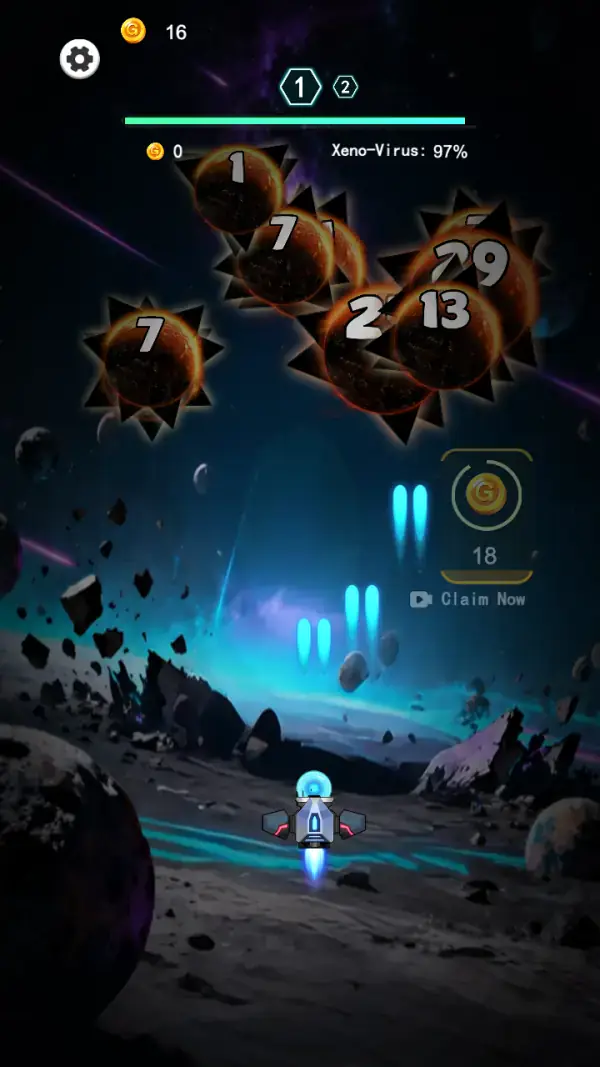 A run in progress: cyan bolts rising into a cluster of burning planets numbered 1, 2, 7, 13 and 79, with the header reading "Xeno-Virus: 97%".