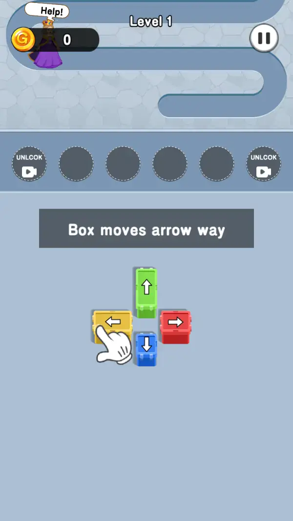 Level 1 before anything moves: the grey road folded over a hexagonal stone wall, the girl in a purple gown under a "Help!" bubble at its left end, the six-slot tray with both outer slots labelled "UNLCOK" over a video icon, and the four arrow blocks in a cross under the caption "Box moves arrow way".