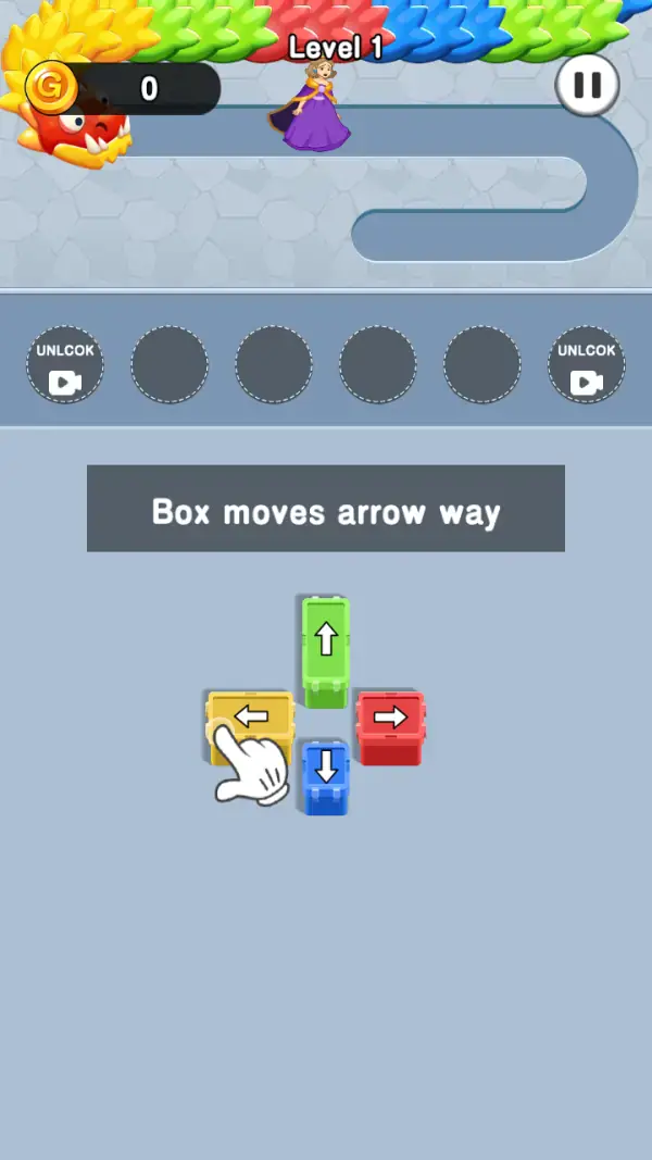 The dragon on the road — a long body of yellow, green, red and blue scales along the top run, its red head at the left and the girl standing further along it to the right, with the tutorial hand still on the yellow left-arrow.