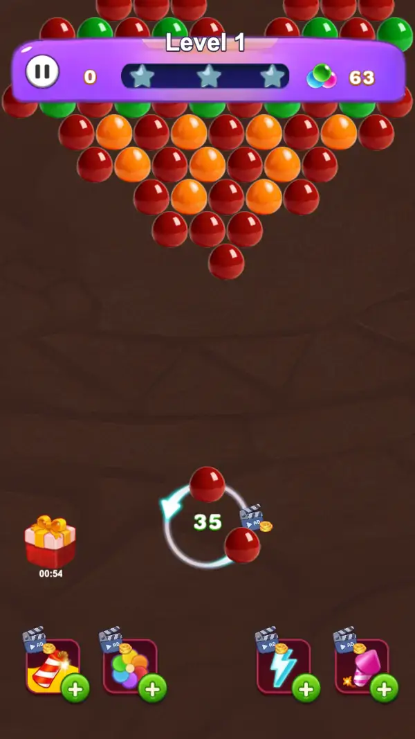 Level 1 before the first shot: the hanging bubble wall in red, orange and green, the reticle loaded with a red bubble and reading 35, and the gift box counting down from 00:54.