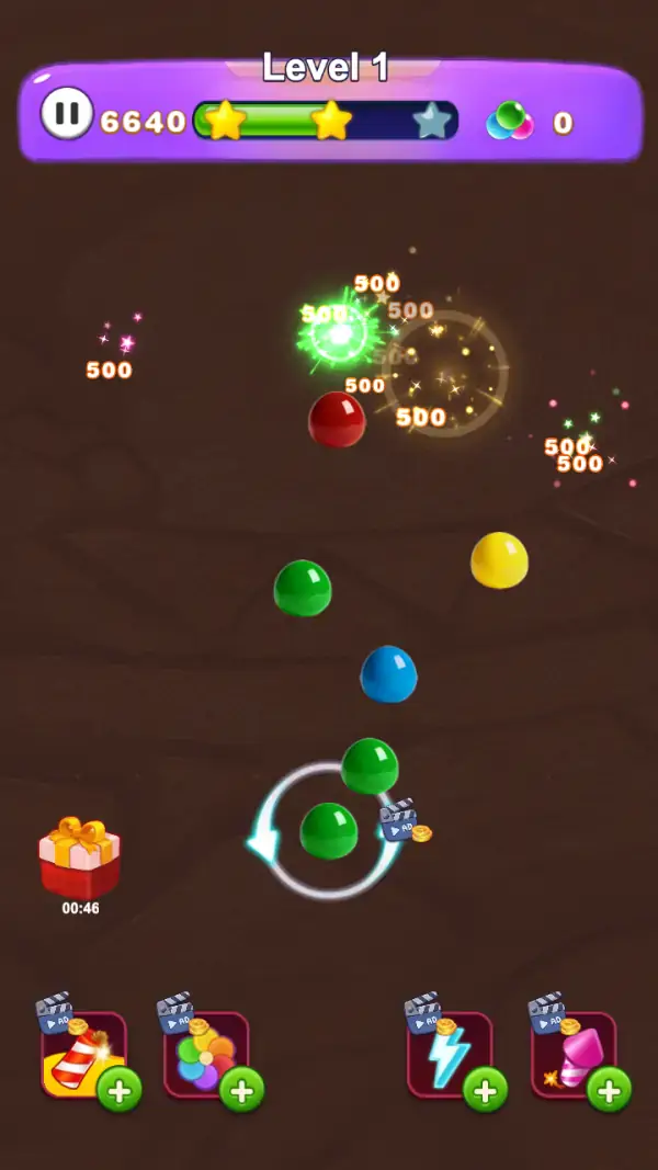 A burst in progress — bubbles falling, eight value popups each reading 500, score at 6640 and two of the three stars turned gold over the green fill bar.