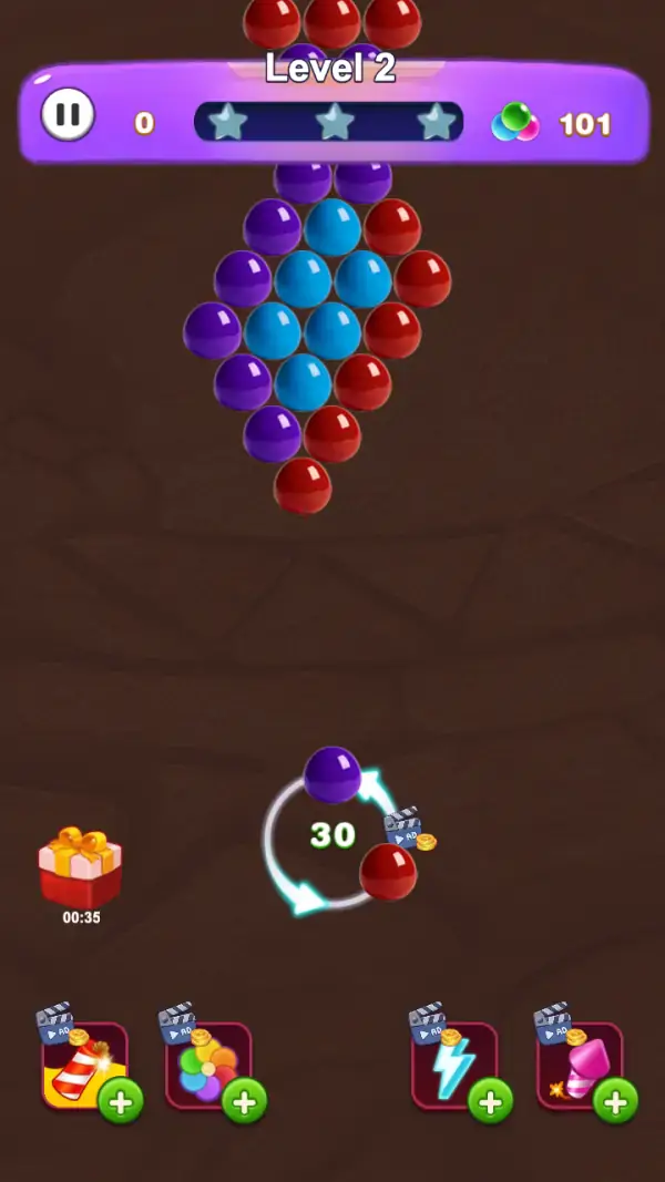 Level 2 with a different colour mix (purple, blue, red), a fresh score of 0, a bubble counter of 101 and 30 in the reticle.