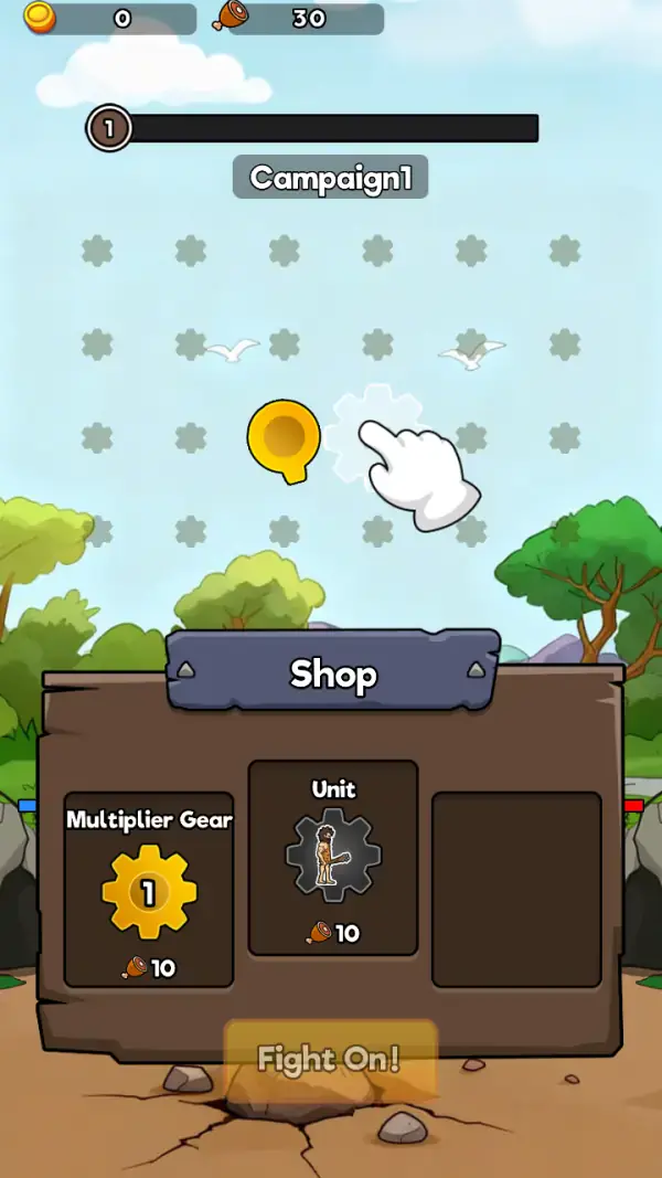 The board and the shop together: a staggered field of pale six-sided markers with two gulls in flight, the tutorial hand on a white-highlighted marker beside a gold cup, "Campaign1" under the level-1 progress bar, and the wooden Shop panel selling a Multiplier Gear and a caveman Unit for 10 meat each above the "Fight On!" button, with a blue bar at the panel's left edge and a red one at its right.