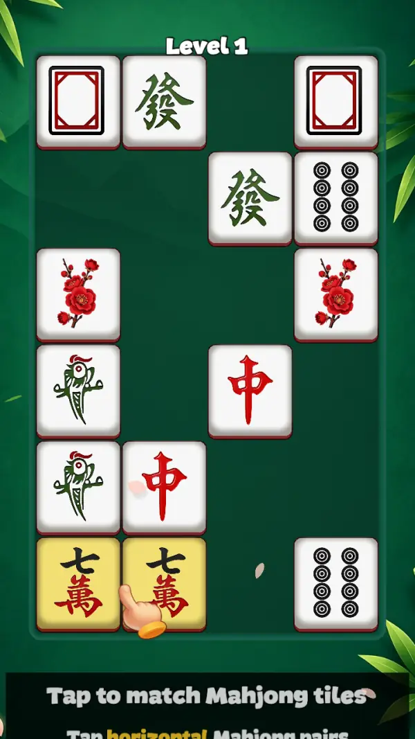 Level 1's first lesson: a single flat layout with gaps between the tiles, two 七萬 tiles tinted gold side by side under a pointing hand, and the tip panel rising from the bottom edge — "Tap to match Mahjong tiles" over "Tap horizontal Mahjong pairs".