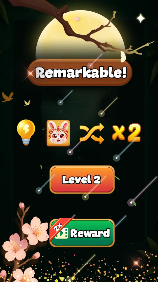 The level-clear panel — "Remarkable!" over a bulb, a rabbit card and crossed arrows badged "×2", with the orange "Level 2" button and a green ad-flagged "Reward" button under it.