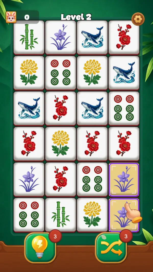 Level 2 dealt full: four columns by six rows, the rabbit badge at 0 top-left and a gear top-right, a gold-highlighted vertical pair in the right-hand column, and the bulb and shuffle buttons on the shelf below each wearing a red "3".