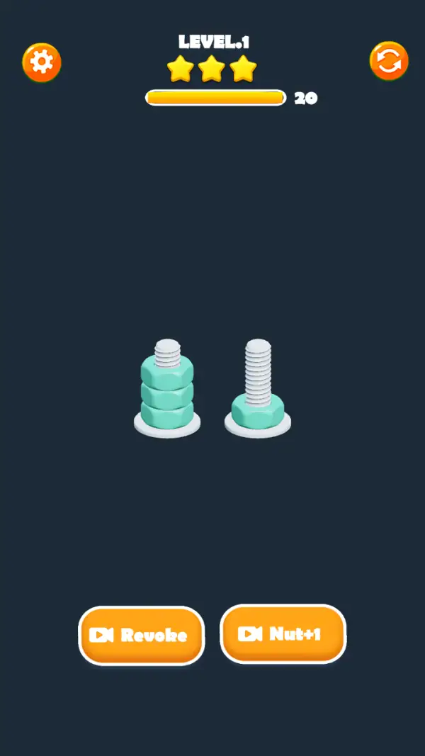 Level 1: two bolts on washers, three teal nuts on the left one and one on the right, with the three gold stars, the bar reading 20, the gear and orange restart buttons in the corners, and the Revoke / Nut+1 buttons below.