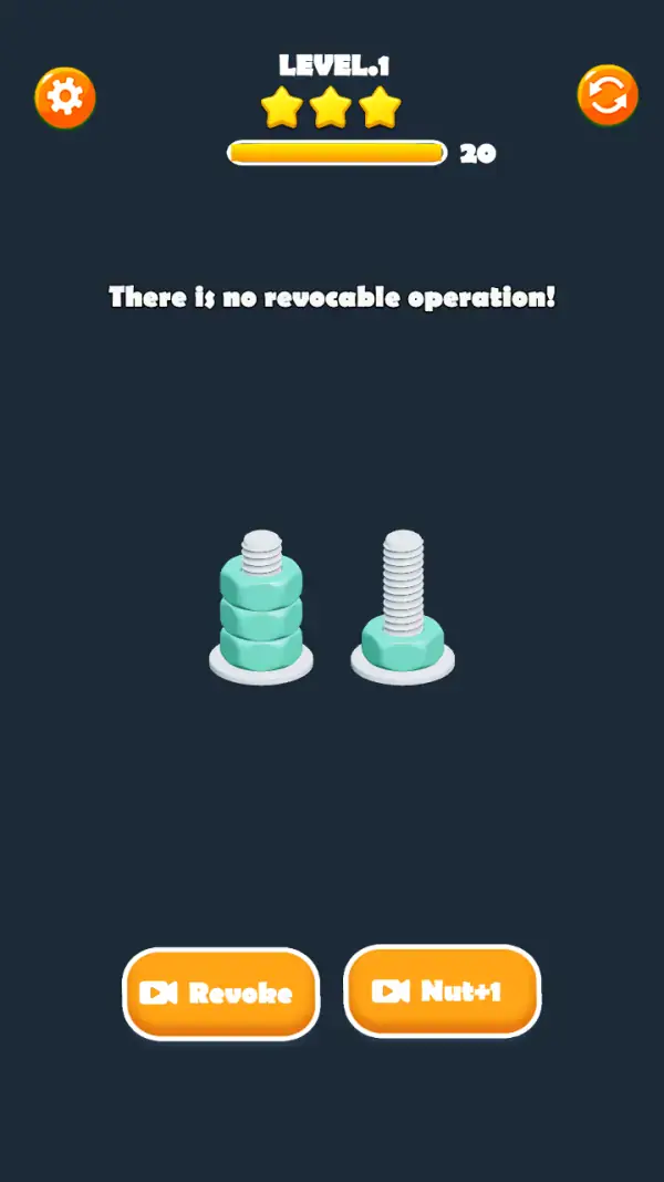 The game confirming its own undo: the toast "There is no revocable operation!" after Revoke was pressed with an empty history. The board and the 20 are unchanged.
