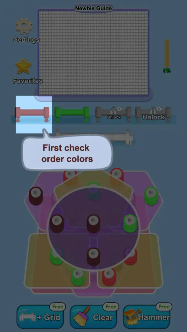 The first lesson, with the whole screen dimmed behind it: the Newbie Guide grid at 0%, one dark red and one green spool lane loaded, two showing "Unlock", and the bubble "First check order colors".