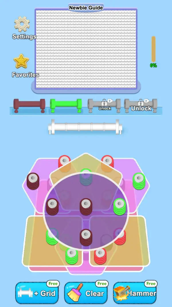 The same board in full colour: the plate cluster with its maroon, green, red and grey-blue posts, the purple disc outlined over the middle, the empty five-section rail under the lanes, and the tools "+ Grid", "Clear" and "Hammer" each badged "Free".