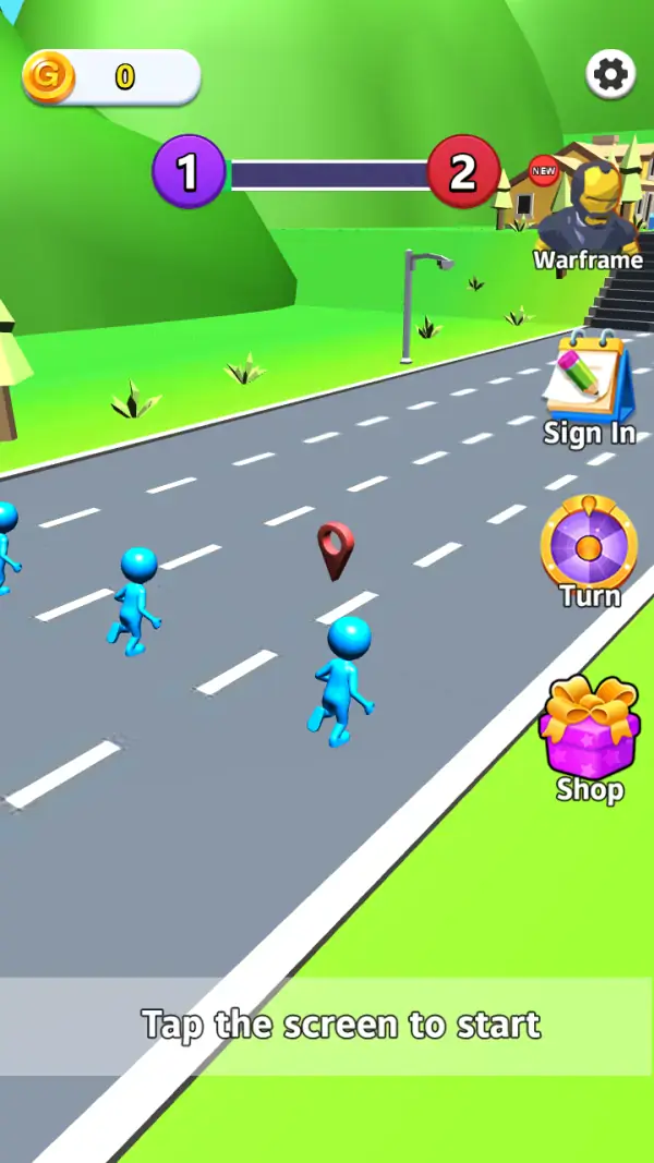 The attract screen before a run: "Tap the screen to start" across the bottom, three blue stick figures on the four-lane road with a red pin ahead of them, the purple-1-versus-red-2 bar, the Warframe bust with its NEW badge, and the Sign In / Turn / Shop column down the right edge.