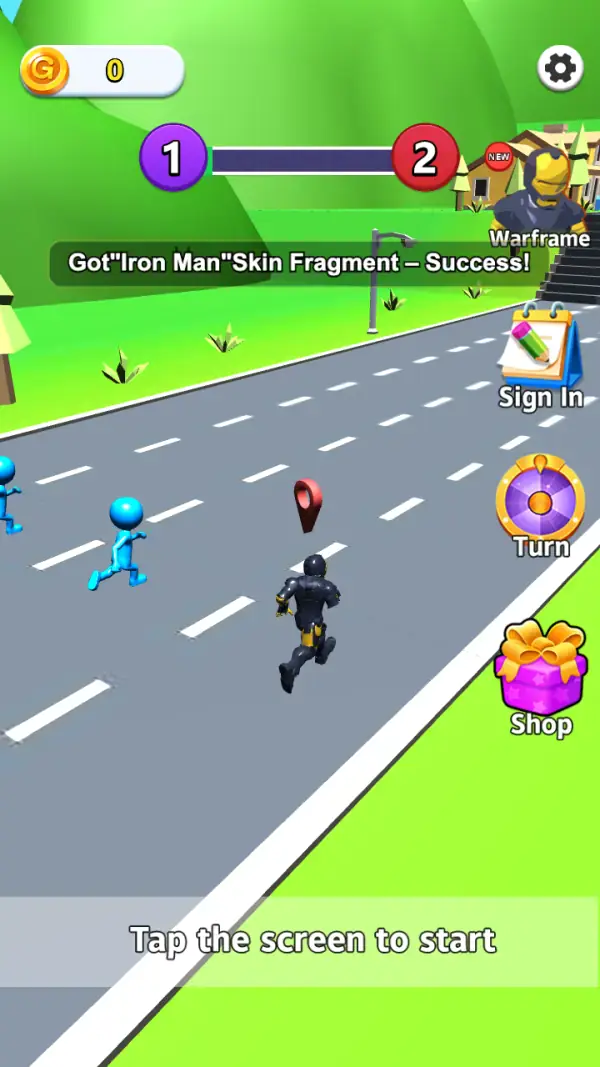 The same screen a moment later: the toast "Got Iron Man Skin Fragment – Success!" across the road and a dark armoured runner now running in the middle lane, with the menu column unchanged.