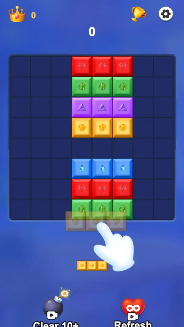 The opening board: a nine-by-nine grid with the centre three columns stacked red, green, purple and orange, two empty rows, then blue, red and green — and the tutorial hand pointing at the translucent three-cell tray strip with a faint orange coin in each cell.