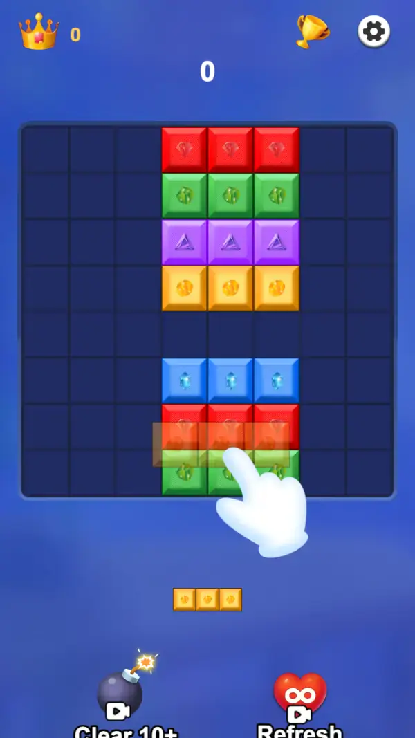 The same board with the hand moved up onto the tiles themselves, the preview row of three solid orange coin tiles clear below the tray, and the two video-badged tools along the bottom: the lit bomb "Clear 10+" and the infinity-marked heart "Refresh".