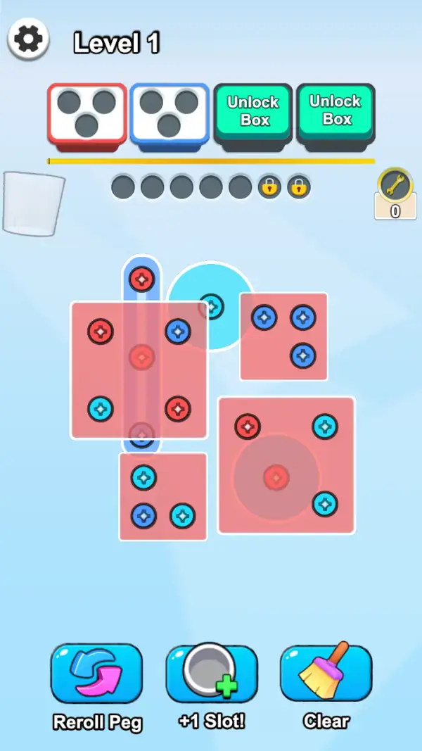 Level 1: red and blue boxes with three holes each, two "Unlock Box" buttons, a seven-circle buffer rail with two padlocked slots, and the tools Reroll Peg / +1 Slot! / Clear.