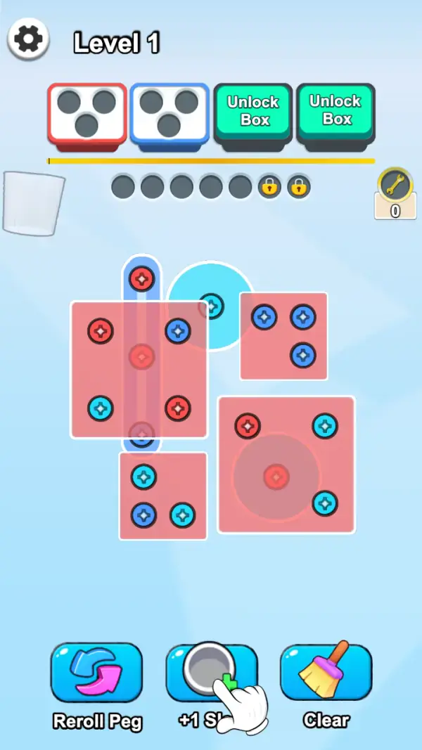 The same board with the tutorial hand on "+1 Slot!" — the buffer rail is the thing the game points you at first.