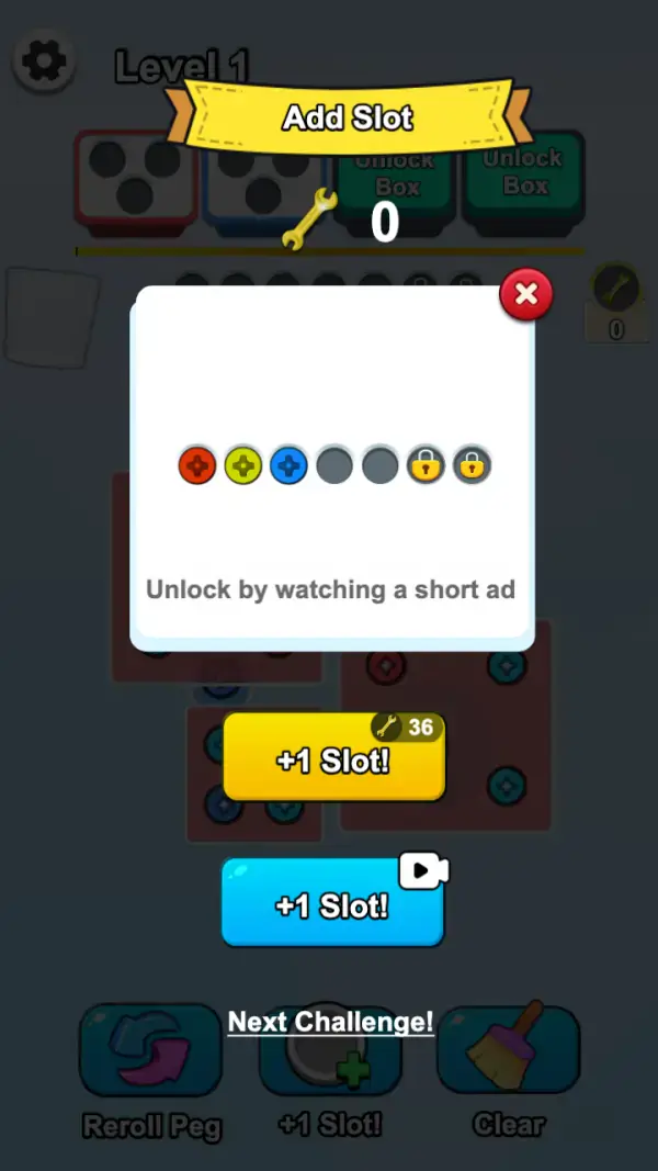 The "Add Slot" panel: the seven rail positions with three screws already on them, "Unlock by watching a short ad", and the two upgrade buttons — one badged 36 wrenches, one taking a video.