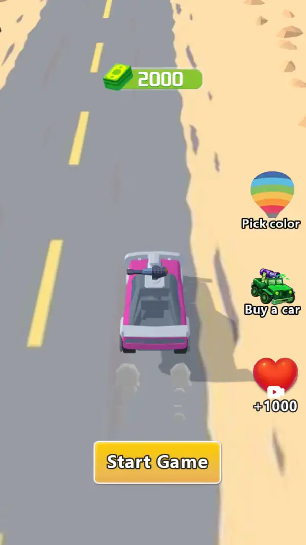 The home screen: a pink and white pickup with a roof turret seen from above, driving toward the top of the frame down a desert road, cash at 2000, and the menu down the right edge — "Pick color", "Buy a car", and a "+1000" heart with a video icon.