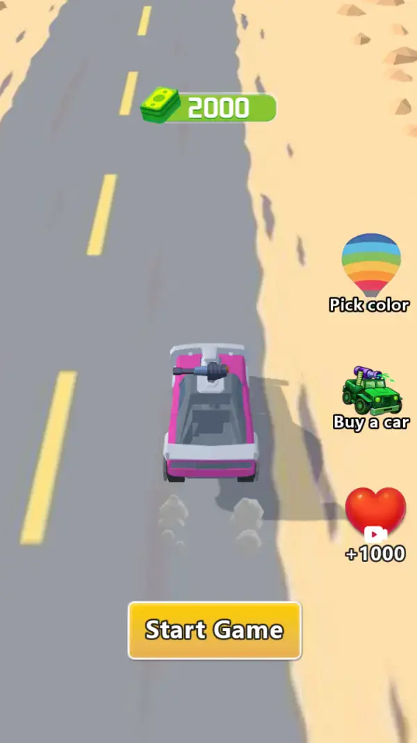 The same screen a moment later with the road scrolled forward underneath the car — the idle animation behind the yellow "Start Game" button.