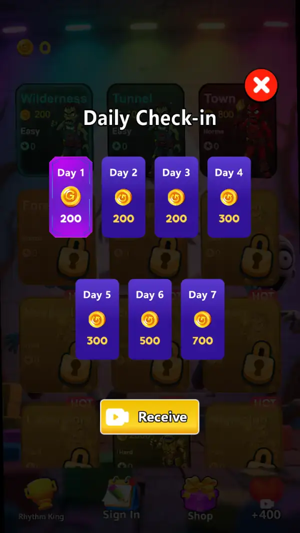 The first screen: the "Daily Check-in" panel, seven days paying 200 to 700 coins, Day 1 selected, with a video-backed "Receive" button.
