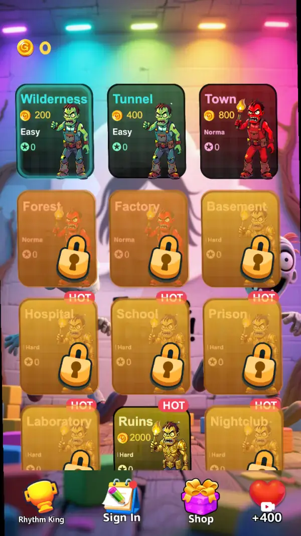 The map behind it — twelve location cards, four of them priced (Wilderness 200, Tunnel 400, Town 800, Ruins 2000), eight dimmed under a padlock, nine wearing a red "HOT" tag, every card reading ★0, plus the coin counter and the bottom bar.